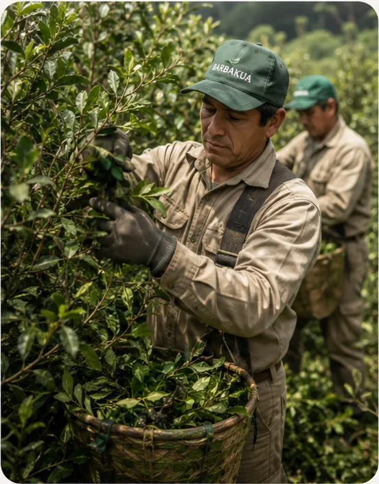 Tarefero cosechando hojas de yerba mate en la chacra