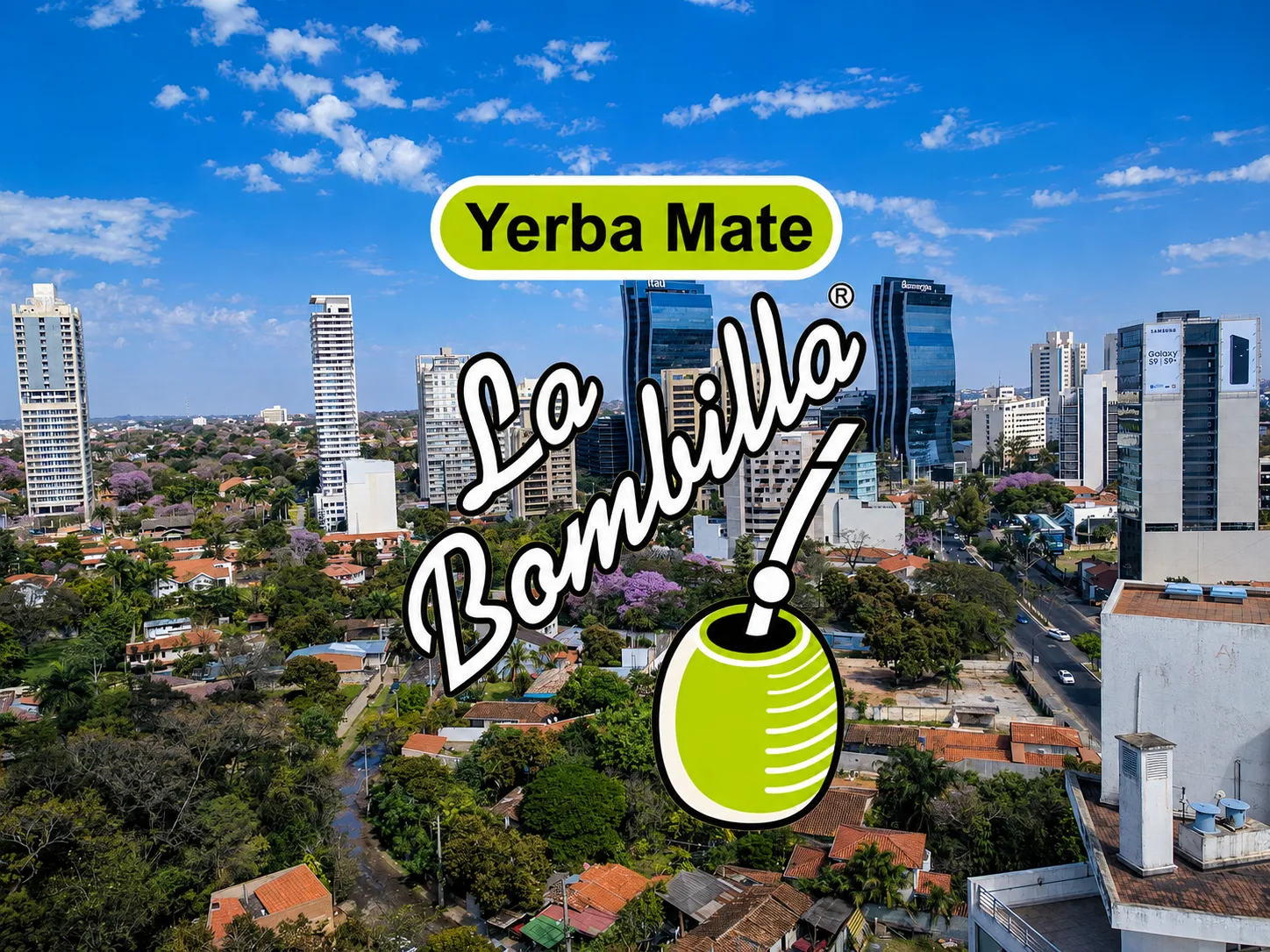Vista aérea de Asunción con la marca La Bombilla